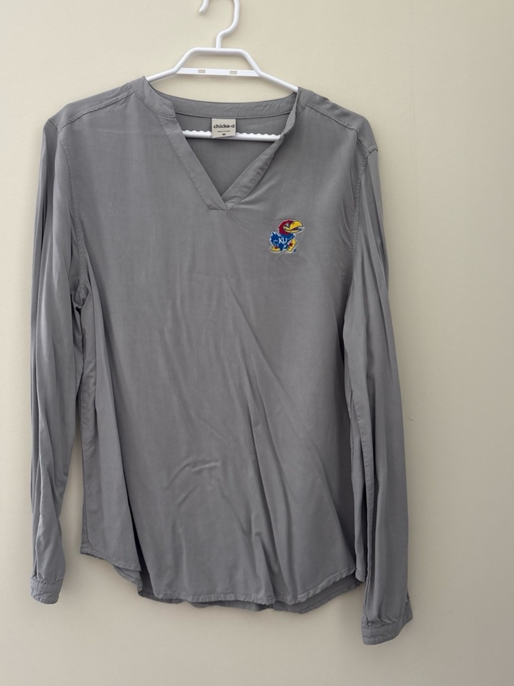 Chicka-d Gray Long-Sleeve V-Neck Shirt with Embroidered Logo